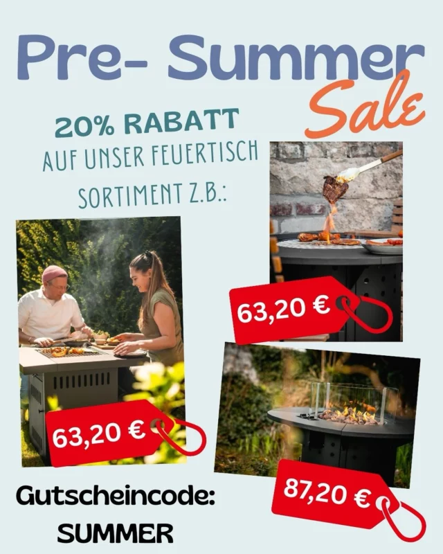 Per Summer Sale auf Meateor.de!!! Unsere Feuertische und das Zubehör gibt es zum unschlagbaren Preis mit nochmal 20% Rabatt. Im Warenkorb einfach den Gutscheincode SUMMER eingeben! #gönndir